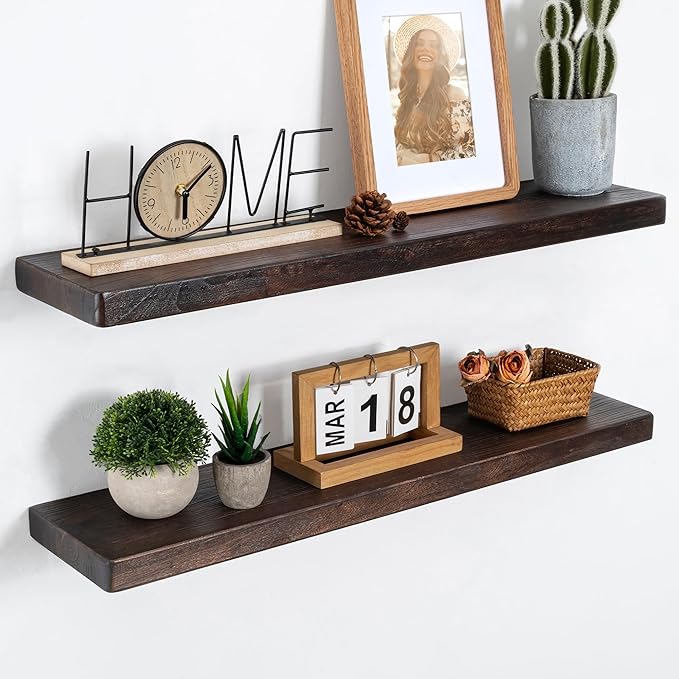 Marsmiles 30 inch Floating Shelves for Wall Solid Elm Wood Shelves|Rustic Wall Mounted Shelves with Heavy-Duty Invisible Bracket for Bathroom Living Room Kitchen|Rounded Edge Design|Walnut, 2 Pack