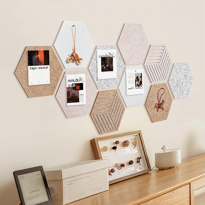15'' Hexagon Cork Board Tiles Alternative 10 Pack, Adhesive Large Corkboard for Office Decorative, Hexagonal Felt Bulletin Board Tiles for Wall Vision Board, Sound Absorption Pin Board