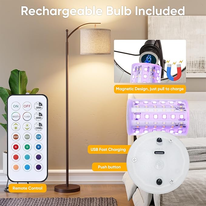 Battery Operated Floor Lamp, RGB Dimmable Cordless Standing Lamp with Remote Control for Living Room, Tall Floor Lamp for Bedroom -Brown