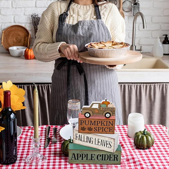 Lineshading 4 Pcs Fall Table Decoration for Home Fall Truck Decor Thanksgiving Tiered Tray Decor Rutic Thanksgiving Centerpiece Pumpkin Truck Block Signs Gift Farmhouse Autumn Decoration for Home