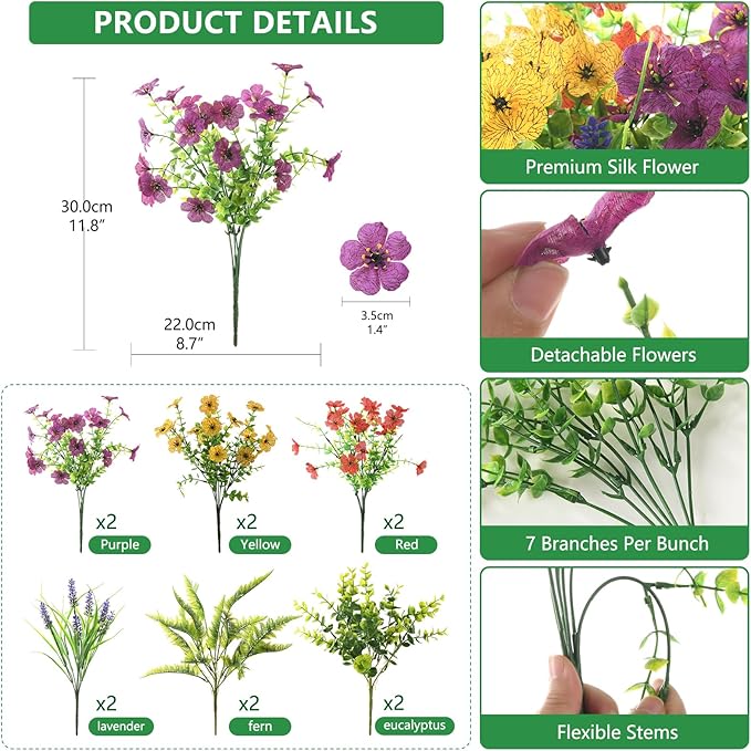 Homsunny Artificial Fake Flowers Plants Outdoors Spring Decor, Faux Flowers Silk Daisy Eucalyptus Plants UV Resisitant for Outside Planter Pot Front Porch Garden Patio Decoration(12 Bundles)