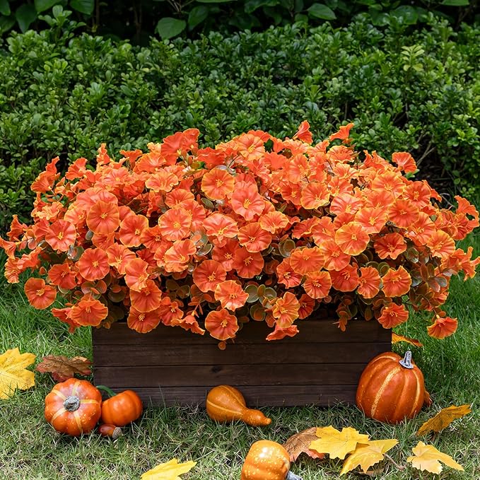 Lnoicy Artificial Fall Mums 12 Bundles Eucalyptus Fake Flowers for Planter,Fake Morning Glory for Halloween Home/Porch/Garden Decoration (Fall Orange)