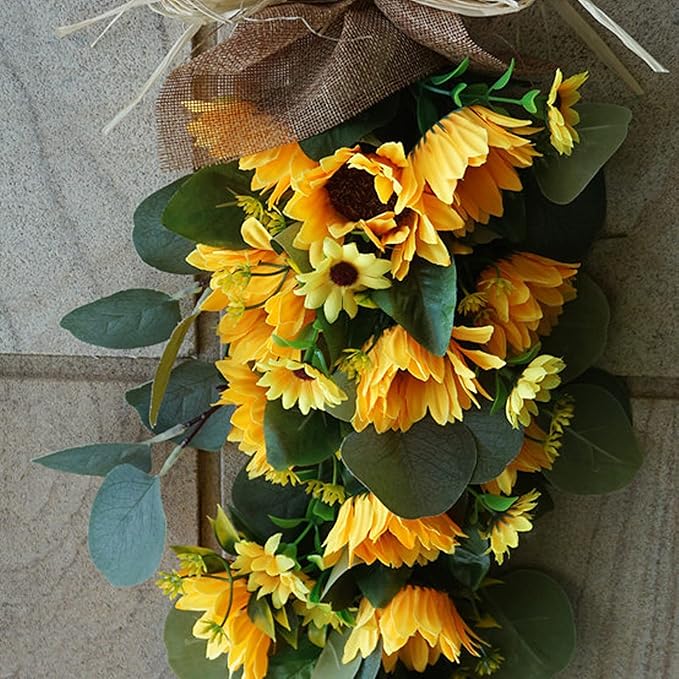 Artificial Sunflower Teardrop Swag, Spring Sunflower Swag, Summer Teardrop Wreath, Sunflower Flowers Wall Hanging, Artificial Eucalyptus Teardrop Swag for Front Door Home Party Wedding Decor(#1)