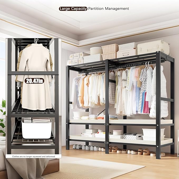 Heavy Duty Portable Closet with Cover Magnetic Doors, Metal Rolling Clothes Rack Heavy Duty 1500LBS, Foldable Clothing Rack, Garment Racks for Bedroom/ LivingRoom/ Rental (KT Woodgrain Black, 59.05in)