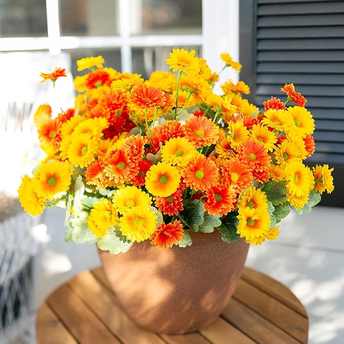 HyeFlora Dahlia Artificial Flowers for Outdoors Fake Plants Spring Decoration, 6 Bundles Realistic Silk Daisy UV Resistant Faux Flowers for Outdoor Planters Patio Porch Yard Garden Home, Orange Yellow