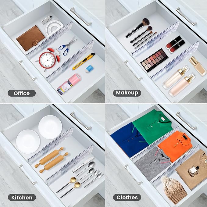 4 Pack Adjustable Drawer Dividers for Clothes,5" High Expandable From 13-21" Clear Drawer Organizers, PC Plastic Separators for Dresser/Bedroom/Bathroom/Kitchen/Office Storage