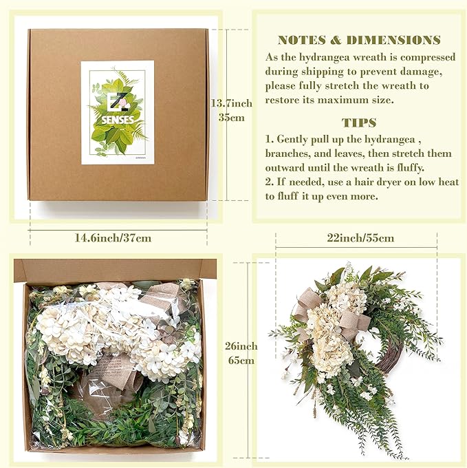 Hydrangea Wreath, 22 Inch Spring Wreath for Front Door, Summer Wreath with White Hydrangea, Greenery and Burlap Bow, Farmhouse Floral Door Wreath for Indoor Outdoor Wall Porch Décor