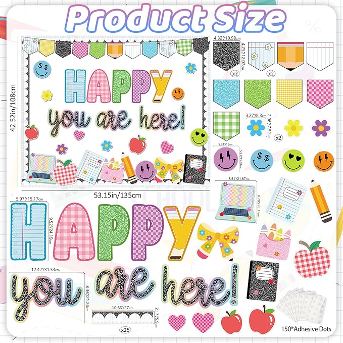 Back to School Bulletin Board Decoration, Happy You're Here Bulletin Board Set, Composition Notebook Happy Face Apple Daisy Cutouts for Classroom First Day of School Chalkboard Wall Door Teacher Decor