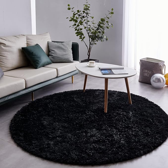 FJZFING Black Round Rug Ultra-Soft Plush Modern 4x4 Circle Area Rug for Kid's Bedroom, Fluffy Shag Circular Rug for Nursery Room, Non-Slip Home Decor Cute Black Carpet for Teen's Room