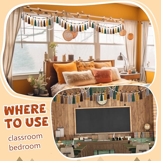 Syhood 3 Pcs Boho Tassel Garland Wall Hanging Decor 1 Boho Tassel Garland with Wood Beads and 2 Western Colorful Pom Pom Ball for Classroom Party Wedding Baby Shower Home Decorations(Elegant Colors)