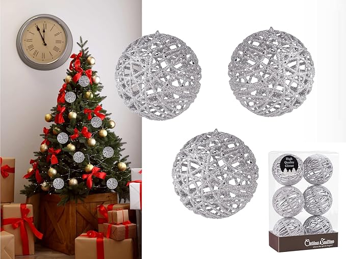 Christmas Traditions 4 inch Silver Glittered Rattan Ball Ornaments Hanging Tree Decorations (Set of 6)