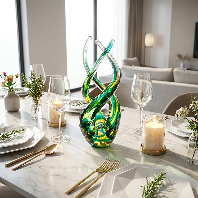 Hand Blown Glass Decor - Emerald Green Glass Sculpture - Aurora Collection Theme Spiral Kinetic Figurine, Light Reactive Gradient Decor for Home Office Garden, Ideal Gift for All Occasions