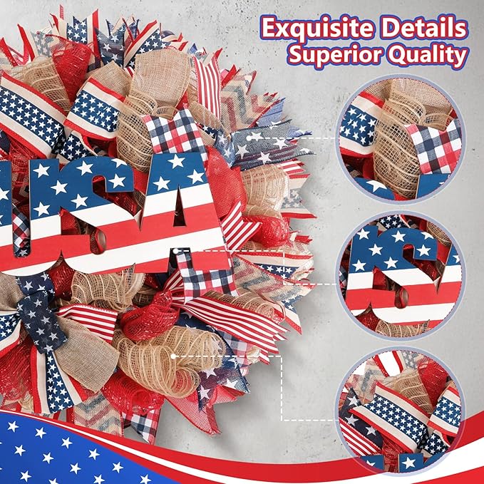 Patriotic Wreath for Front Door, 24 inch 4th of July Decorations with Red White Blue USA Tags for 250th Anniversary American Independence Day Memorial Day Decor