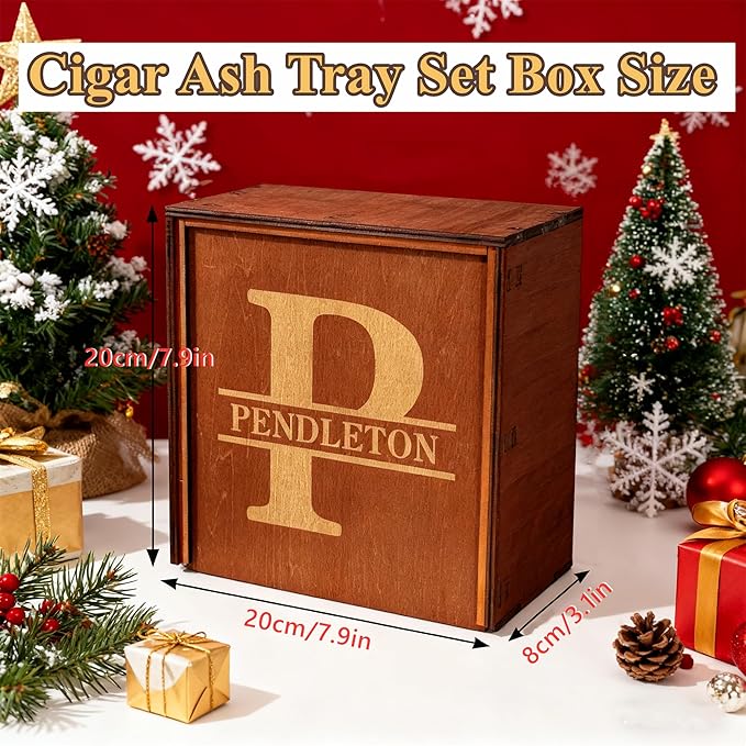 Personalized Name Walnut Cigar Ash Tray Set for Men Custom Wooden Cigar Ashtray Monogramed Men Father's Day Ashtray Gifts for Husband Fathers Groomsmen Papa Grandpa (Retro Tray Set)