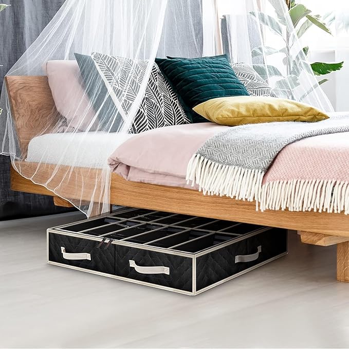 Under Bed Shoe Storage Organizer, Set of 2, Sturdy Structure, Adjustable Dividers, Reinforced Handle, Sturdy Zipper, Underbed Storage Solution with Clear Window, Breathable, Black