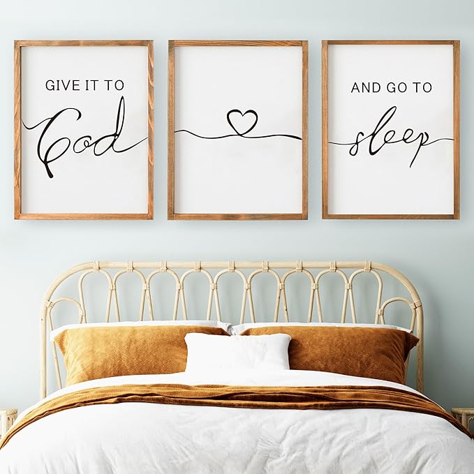 Set of 3 Framed Farmhouse Give it to God and Go to Sleep Signs Above Bed Wall Decors for Bedroom Wood Signs (Brown, 16"x24")