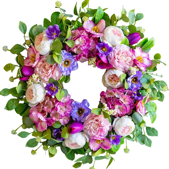 Spring Wreaths for Front Door Outside- 24 Inch Summer Wreath with Blush Pink Roses & Purple Blooms and Hydrangeas,Luxury Spring Door Wreath for Porch,Home,Wall,Window Decor(Indoor Outdoor Use)