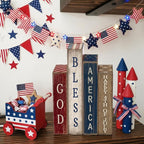 Lineshading 4 Pcs Patriotic Table Decorations Glod Bless American 4th of July Tiered Tray Decor 250th Anniversary Wooden Book Red White and Blue Memorial Day Centerpiece Decorations for Home Shelf