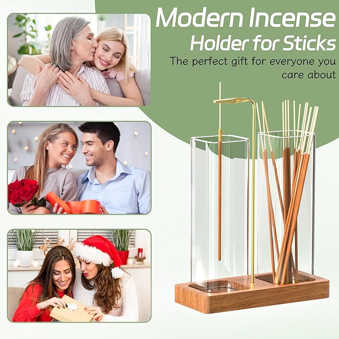 Incense Holder for Sticks, 2 in 1 Incense Burner with 7.1" & 7.1" Glass Jars, Upside Down Incense Holder with Ash Catcher & Storage for Meditation Yoga Spa Home Decor with 20 Incense Sticks & Brush