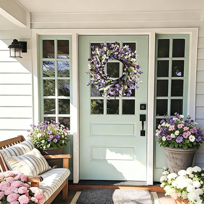 24 Inch Summer Lavender Wreath for Front Door Purple Daisy Artificial Wild Flower Greenery Leaves for All Seasons Home Wall Indoor Outdoor Window Decor