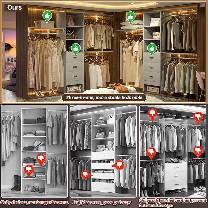 8FT Closet System, 96'' Closet Organizer System with 3 Hanging Rods, Wall Mount Bedroom Wardrobe with 3 Drawers Walk-in Closet, Adjustable Cloth Garment Rack from 5 to 8FT (Cut to Fit), Grey
