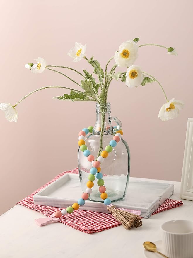 Easter Spring Wood Beaded Garland with Tassels and Bunny Tag Farmhouse Wooden Beads for Tiered Tray Decorations Holiday Country Rustic Prayer Boho Beads Rae Dunn Shelf Décor (Easter Bunny Pink)