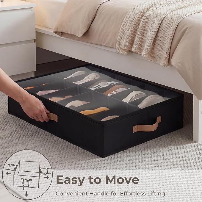 StorageWorks Shoe Organizer for Closet, Fits up to 24 Pairs, 2-Pack Ultra-thick Fabric Under Bed Shoe Storage Containers with Bottom Support and Adjustable Dividers, Black