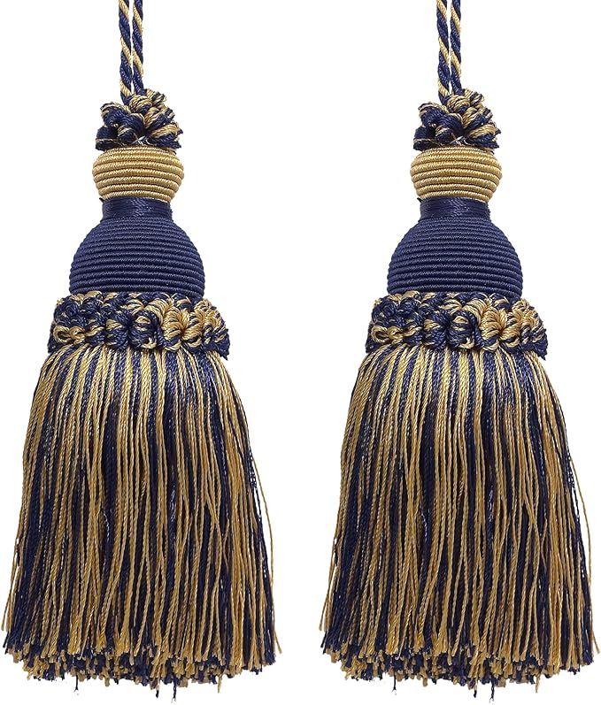 DÉCOPRO Beautiful Hand-Crafted 5" (12.5cm) Key Tassel, 3 1/2" (8.5cm) Loop # IKTJ, Nautical #1152 (Light Gold, Yellow Gold, Navy Blue) Set of 2