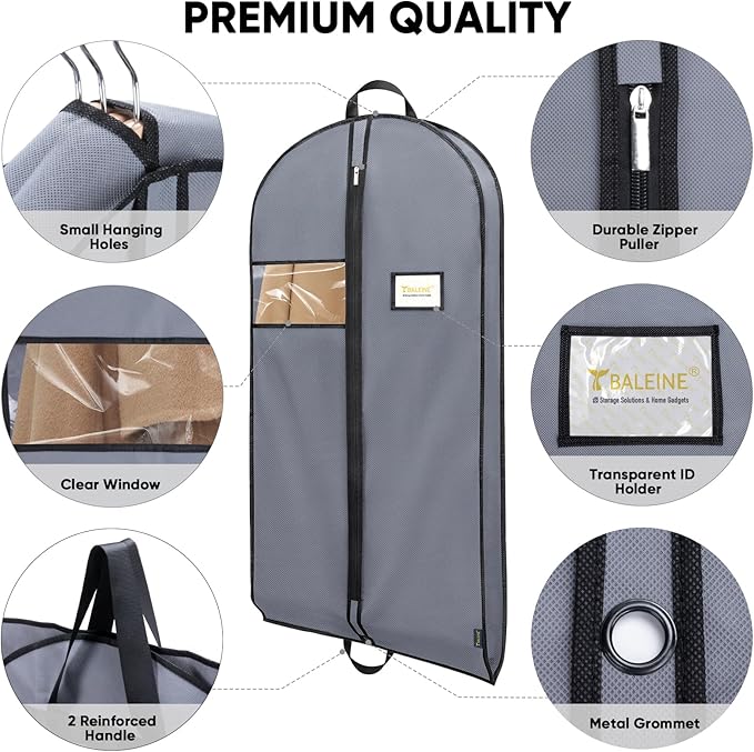 BALEINE 5PK Heavy Duty Garment Bag with Shoe Storage Travel Bag for Dresses, Suit, Coats Travel Essential (43", Grey)
