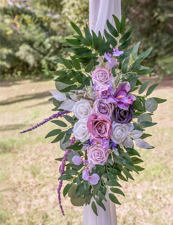 Lisuun Wedding Arch Flowers, Artificial Flowers for Decoration, 2pcs Flower Swag and 1 pcs Semi-Sheer Chiffon Table Runner Swag for Beautiful Dream Wedding Ceremony Floral Decor - Pack of 3