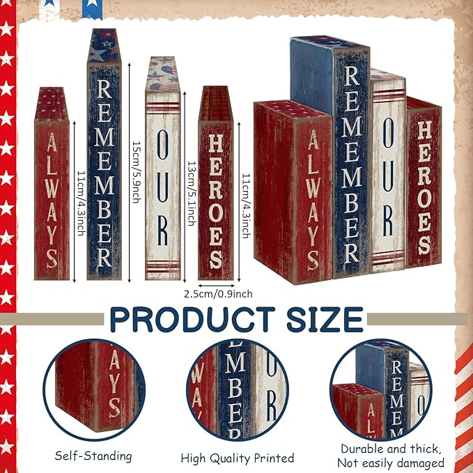 Lineshading 4 Pcs 4th of July Table Decoration Wooden Book Always Remember Our Heroes America Decor Patriotic Tiered Tray Decor Red White Blue Memorial Day Block Signs for 250th Anniversary Home Shelf