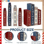 Lineshading 4 Pcs 4th of July Table Decoration Wooden Book Always Remember Our Heroes America Decor Patriotic Tiered Tray Decor Red White Blue Memorial Day Block Signs for 250th Anniversary Home Shelf