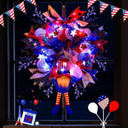 Lighted Up 4th of July Wreaths with Bow, Red White and Blue Mesh Artificial Wreath, American Flag Patriotic Gnome Wreath Decor for Independence Day Front Door Farmhouse Home Wall