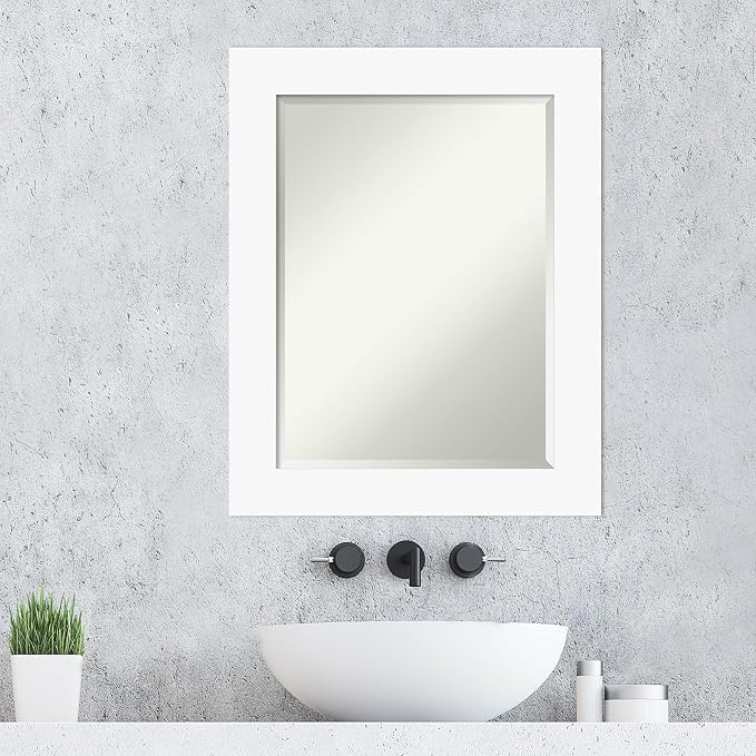Amanti Art White Wall Mirror 29x23 Basic White Rectangle Bathroom Mirror for Wall Decor Living Room, Medium Casual Wood Frame, Hangs Horizonally and Vertically, Bathroom Decor, Beveled Edge