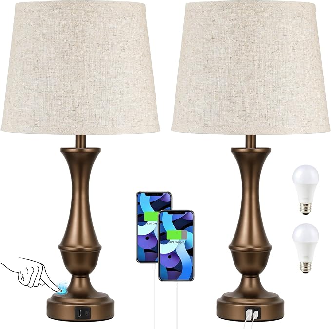 Seealle Upgraded Touch Lamps for Night Stands Set of 2 - Bedside Lamps with USB C+A, 3 Way Dimmable for Bedroom Living Room End Tables Office (Beige& Brown)