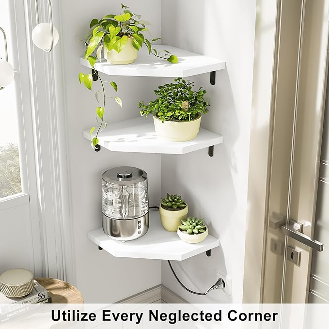 Alsonerbay Corner Wall Shelf Set of 3 Corner Shelf Wall Mount, Solid Wood Corner Floating Shelves with Cable Hole for TV Accessories, Speaker, Game Console for Bedroom, Living Room, Bathroom White