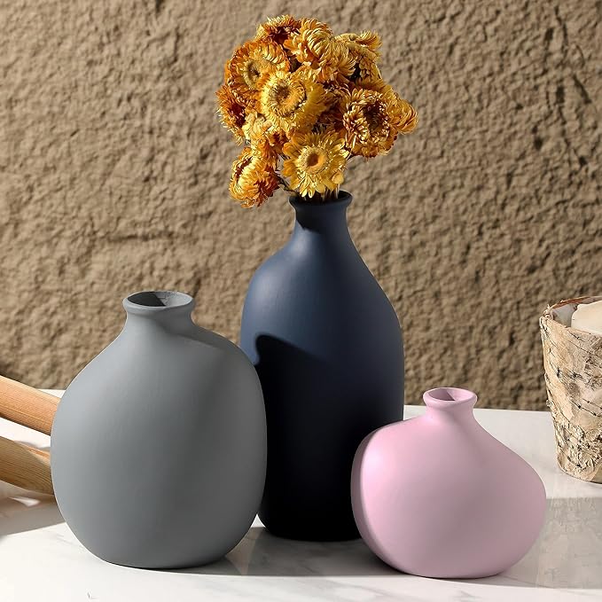 Ceramic Vase Set of 3,Decorative Vases Home Decor, Small Modern Boho Rustic Farmhouse Pottery Vases for Pampas Grass Dried Fresh Flowers,Bedroom,Living Room,Bookshelf, Mantel，Centerpiece Table Decor