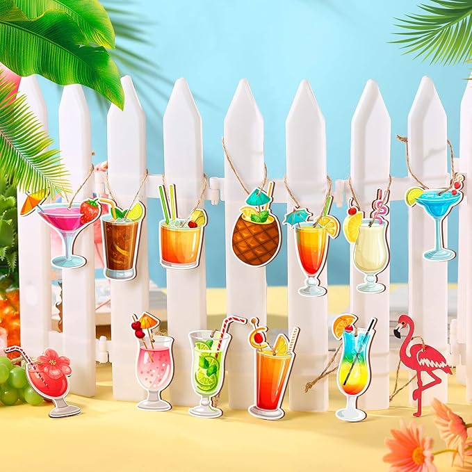 Geelin 36 Pcs Summer Wood Hanging Ornaments for Tree Mini Tree Decorations Hawaiian Beach Wooden Pendant Decorations with String for Luau Party Supplies(Cocktail)