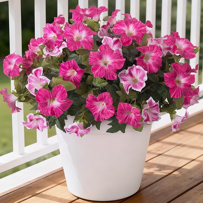 6 Pcs Artificial Flowers Fake Petunias for Outdoors, Faux Flowers for Outdoor Planter, UV Resistant Realistic Fake Plants for Outside No Fade for Garden Porch Patio Indoor Room Decor(Fuchsia)