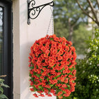 Artificial Faux Hanging Flowers Basket for Fall Outdoor Porch Decor, Fake Silk Colorful Morning Glory Eucalyptus in Planter UV Resistant Look Real for Home Balcony Yard(Orange)