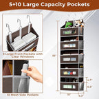 2 Packs 5-Tier Over the Door Storage Organizer with 10 Side Mesh Pockets, 48 lbs Load Capacity, 3 Hooks Design, Hanging Organizer with Clear Windows for Bathroom, Bedroom, Nursery, Kitchen-Brown