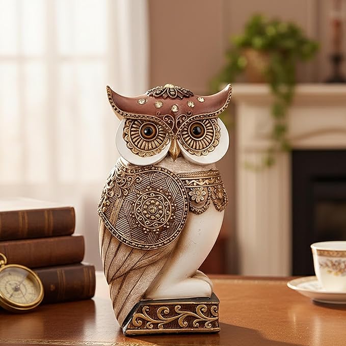 Owl Statue for Home Decor Accents, Shelf Bookshelf Table Office Living Room Decor Owl Figurine, Ideal Gifts for Bird Lovers, Antique Golden Color