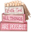 Lineshading 4 Pcs Christian Table Decor Pink Rustic Wooden Block Sign Set with God All Things are Possible Farmhouse Stacked Decor with Beaded Garland Tassel Christian Home Decors for Office, Shelf