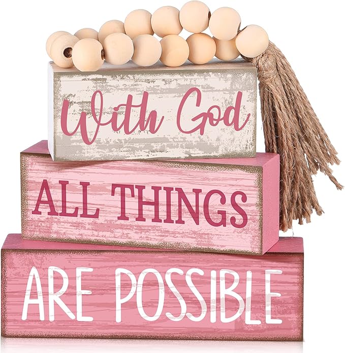 Lineshading 4 Pcs Christian Table Decor Pink Rustic Wooden Block Sign Set with God All Things are Possible Farmhouse Stacked Decor with Beaded Garland Tassel Christian Home Decors for Office, Shelf