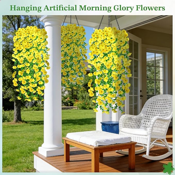 Artificial Hanging Flowers for Outdoors, 6 PCS Silk Morning Glory Artificial Flowers with Eucalyptus Leaves, UV Resistant Fake Flower Realistic Faux Plants for Home Patio Porch Garden Decor, Yellow