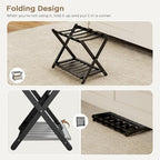 Fully Assembled Black Luggage Rack for Guest Room, Bamboo Foldable Suitcase Stand with 5 Nylon Straps, Upgraded Luggage Rack Holder with Shelf for Bedroom Hotel, Holds up to 165 Lbs, 1pcs