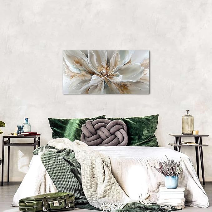 Flower Wall Art Vintage White Floral Canvas Pictures Abstract Blooming Flower Prints Painting Large Abstract Botanical Blossom Wall Decor Elegant Artwork for Bedroom Living Room Home Decoration 20x40"