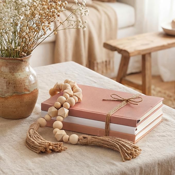 Feifeiya 3 Pieces Faux Decorative Books Set for Home Decor Fake Book for Shelves Coffee Table Stacked Linen Covered Display Notebook with Wood Bead Bookend Gift for Living Room(Neutral Pink)