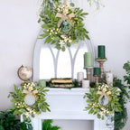 4 Pcs Green Eucalyptus Swag Wreaths for Pillars Spring Summer Kitchen Cabinet Wreaths Mini Green Berry Leaves Wreath with Ribbon for Front Door Porch Wall Window Farmhouse Decoration