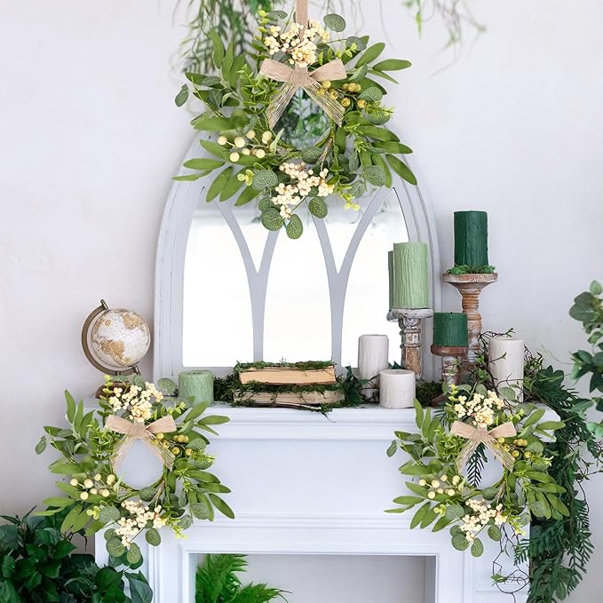 4 Pcs Green Eucalyptus Swag Wreaths for Pillars Spring Summer Kitchen Cabinet Wreaths Mini Green Berry Leaves Wreath with Ribbon for Front Door Porch Wall Window Farmhouse Decoration